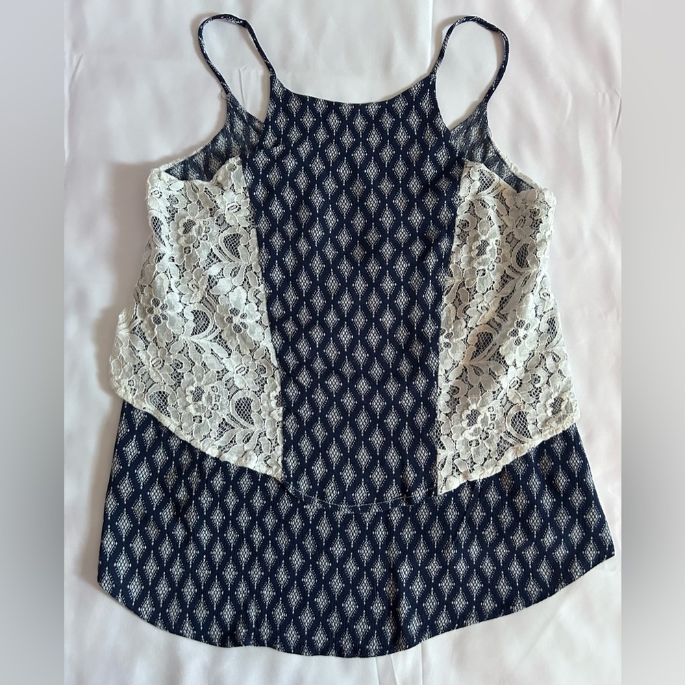 Annabelle Tank Top Blue with White Lace Detail Size Medium